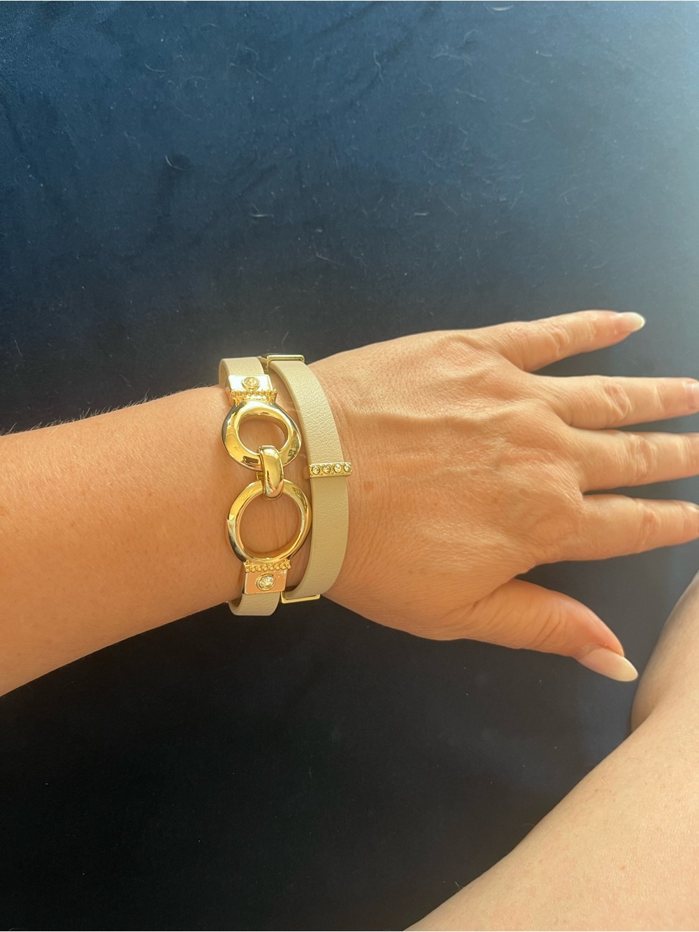 White House Black Market Beige Double-Wrap Bracelet with Gold Rings